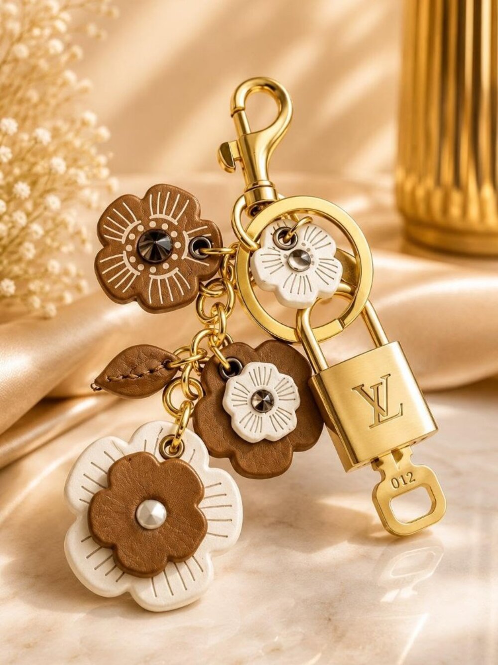LV Gold Padlock 🔑 Authentic Louis Vuitton Charm + Unbranded Flower Keychain